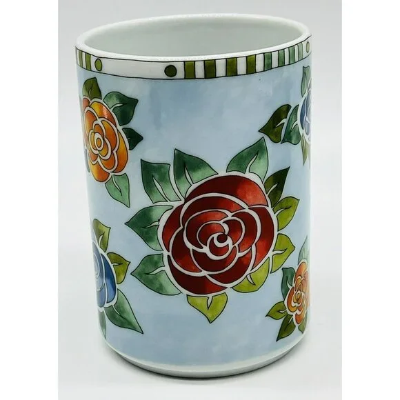 Dansk Danika Rose Coffee Mug Orange Blue Red Roses 4 inch 10 ounce 2015 Lot of 2 - Picture 2 of 11